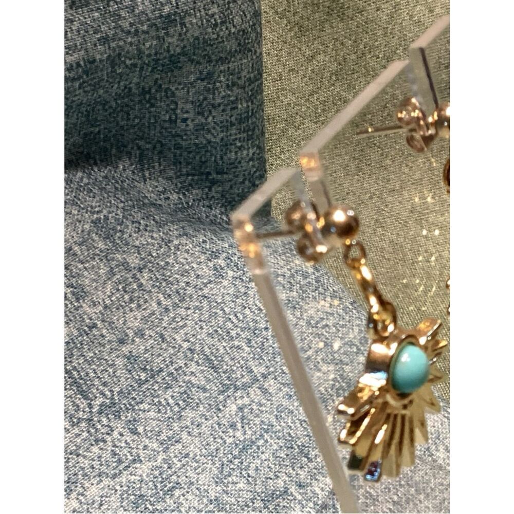 NWOT. Goldtone Sunburst Dangle Earrings with Faux Turquoise Center - Picture 4 of 8